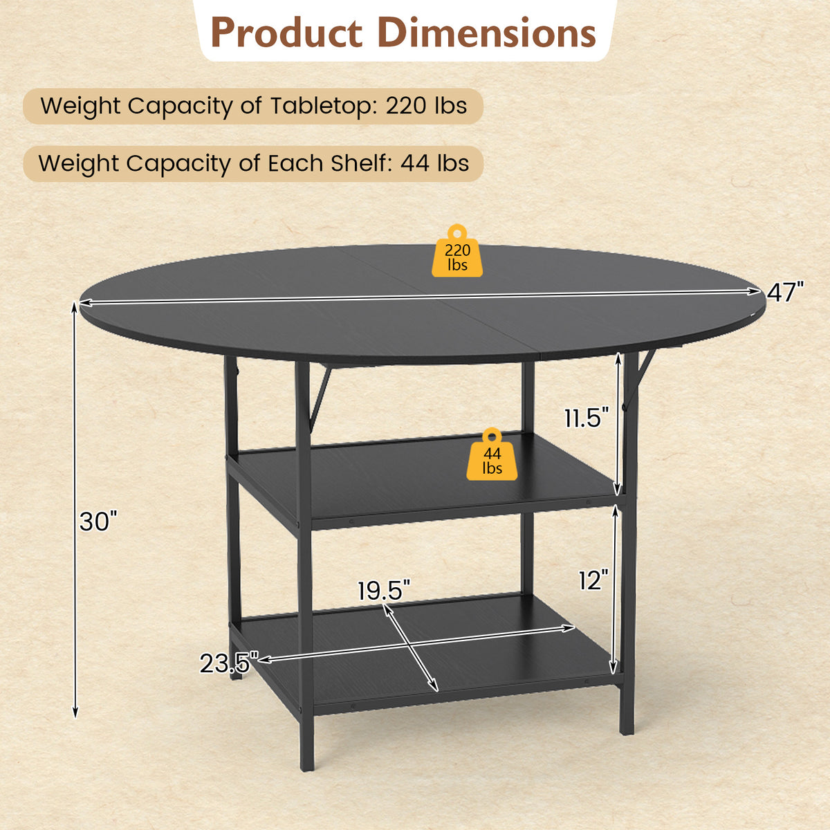 Round Dining Table for 4-6 People Large Kitchen Table with 2-Tier Storage Shelves