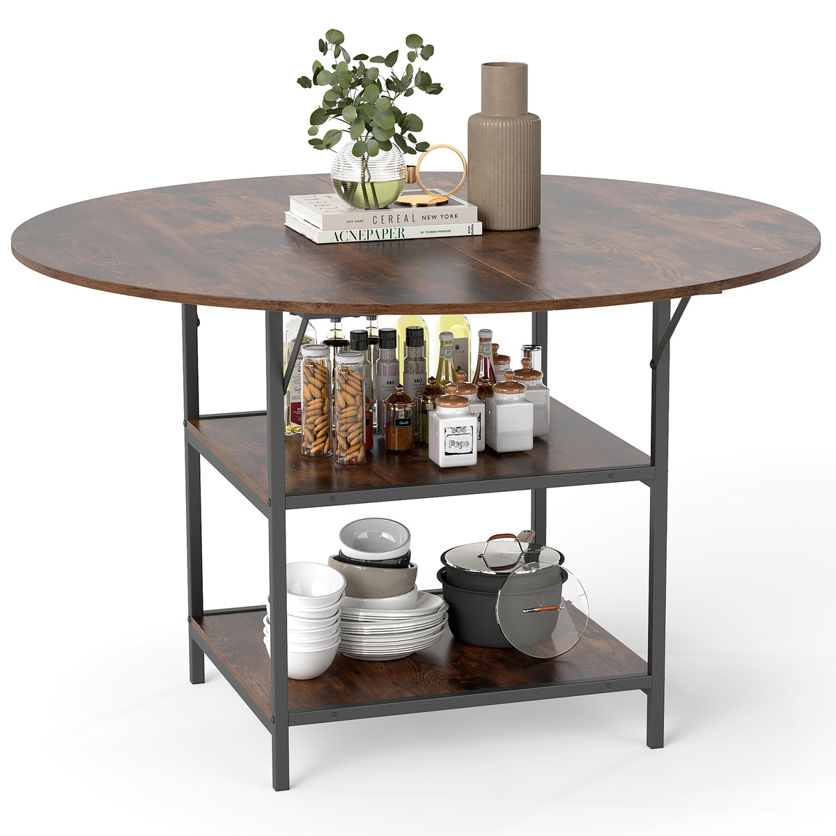 Round Dining Table for 4-6 People Large Kitchen Table with 2-Tier Storage Shelves