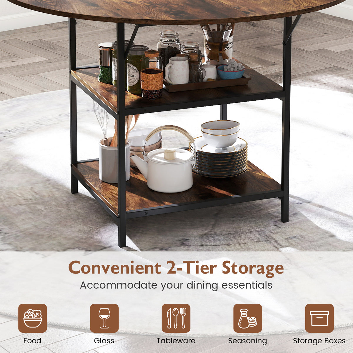 Round Dining Table for 4-6 People Large Kitchen Table with 2-Tier Storage Shelves