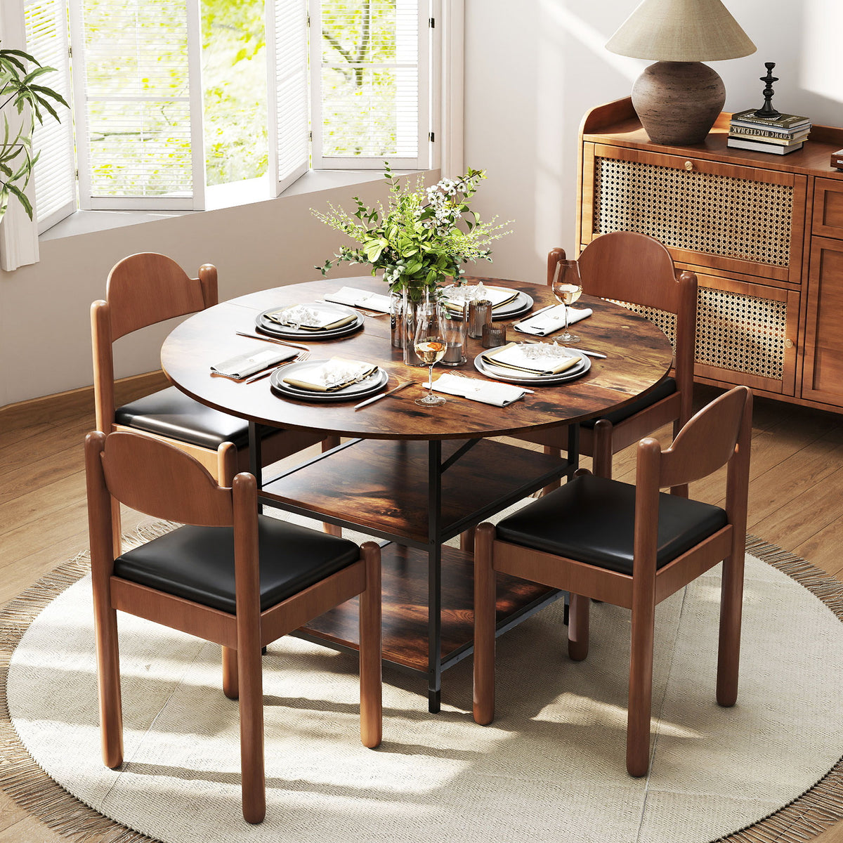 Round Dining Table for 4-6 People Large Kitchen Table with 2-Tier Storage Shelves