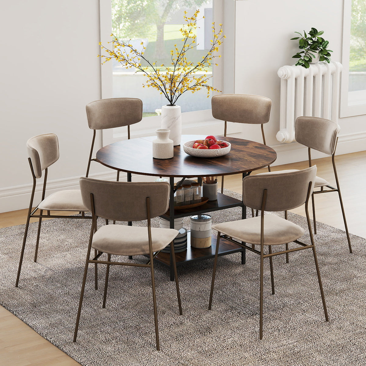 Round Dining Table for 4-6 People Large Kitchen Table with 2-Tier Storage Shelves
