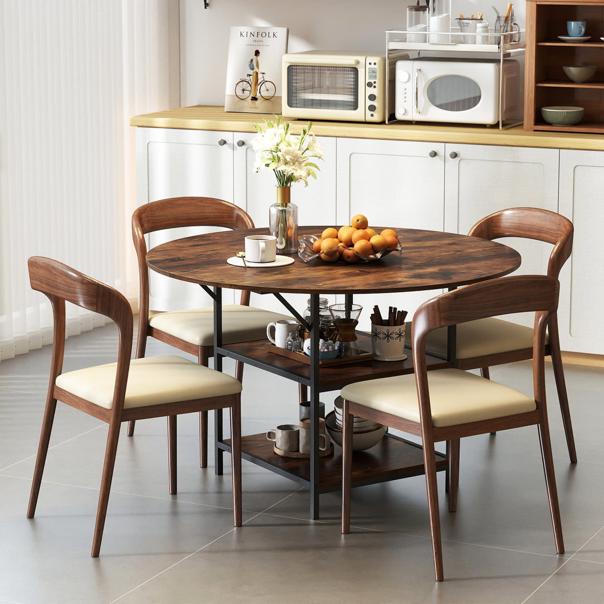 Round Dining Table for 4-6 People Large Kitchen Table with 2-Tier Storage Shelves