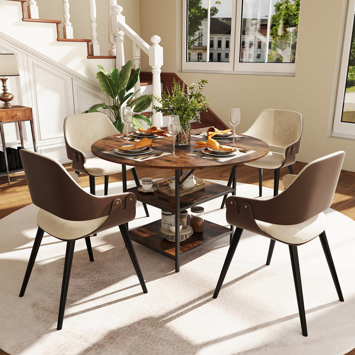 Round Dining Table for 4-6 People Large Kitchen Table with 2-Tier Storage Shelves