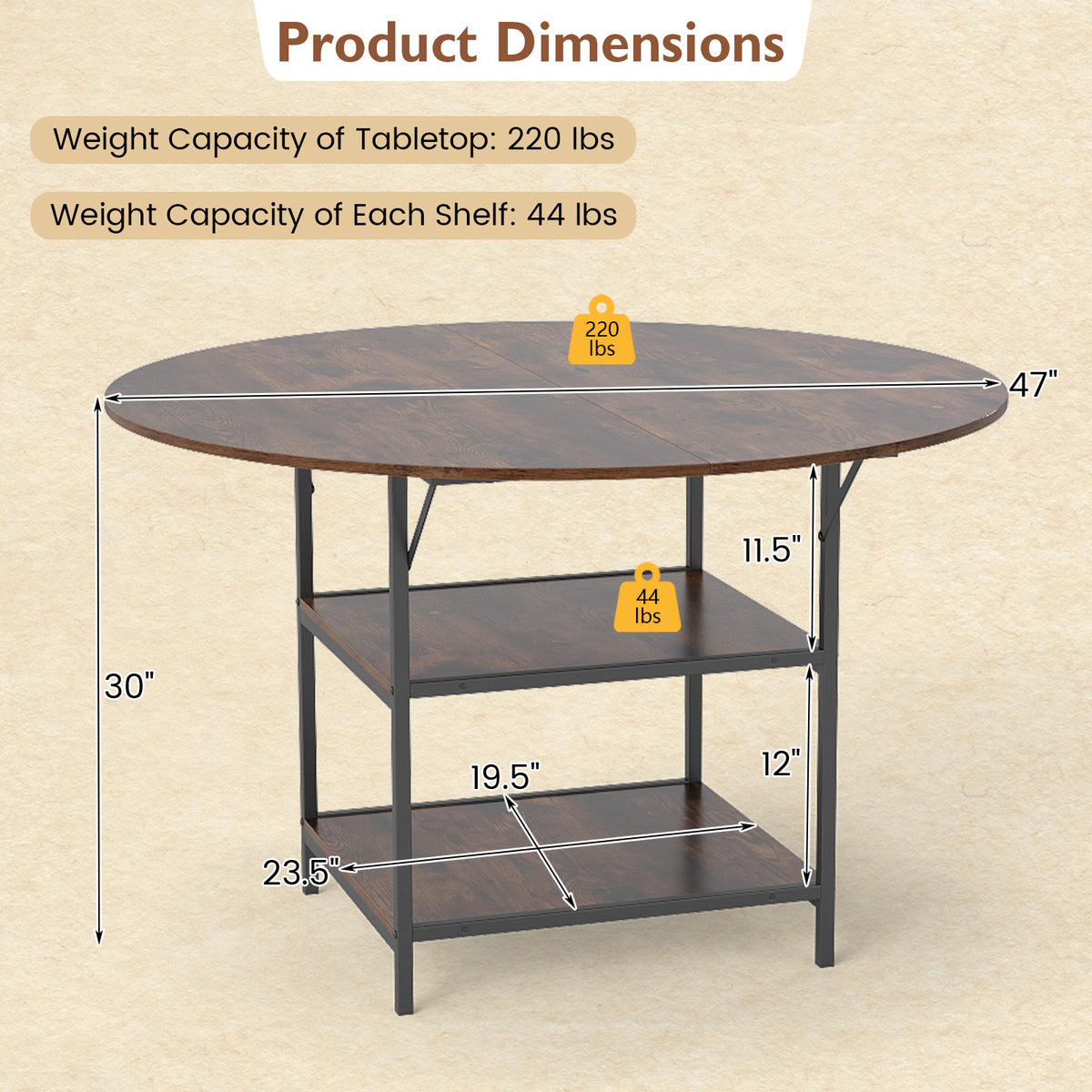 Round Dining Table for 4-6 People Large Kitchen Table with 2-Tier Storage Shelves