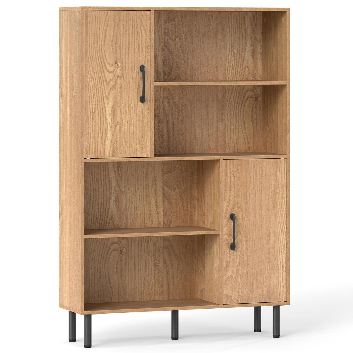 Storage Cabinet Freestanding Bookcase with 2 Doors and 4 Open Shelves