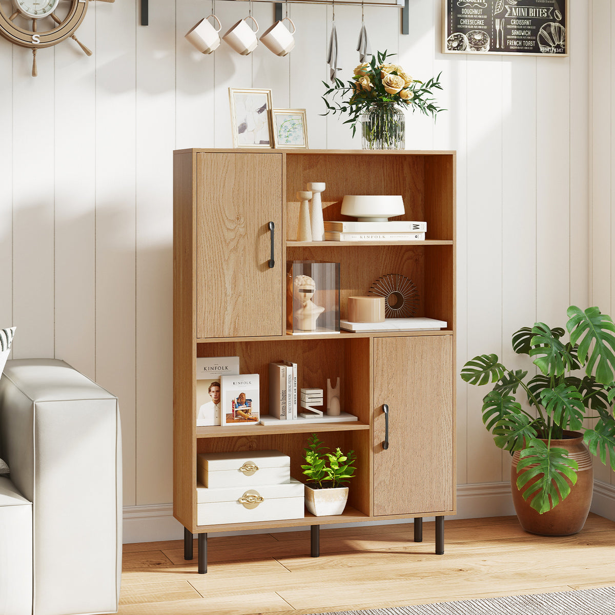 Storage Cabinet Freestanding Bookcase with 2 Doors and 4 Open Shelves