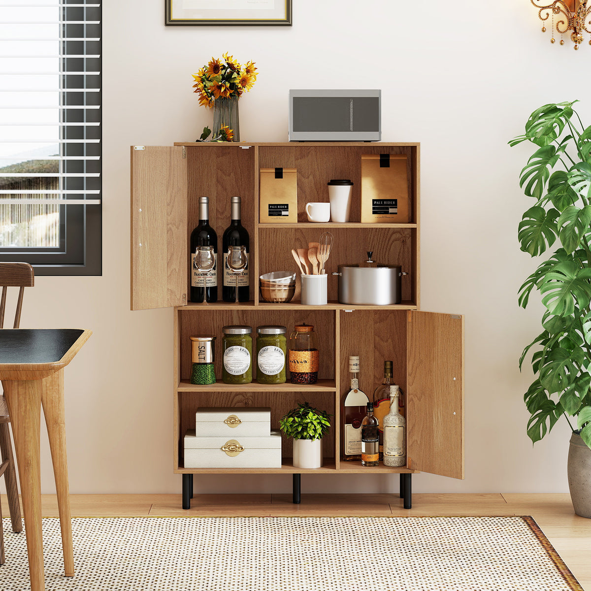 Storage Cabinet Freestanding Bookcase with 2 Doors and 4 Open Shelves