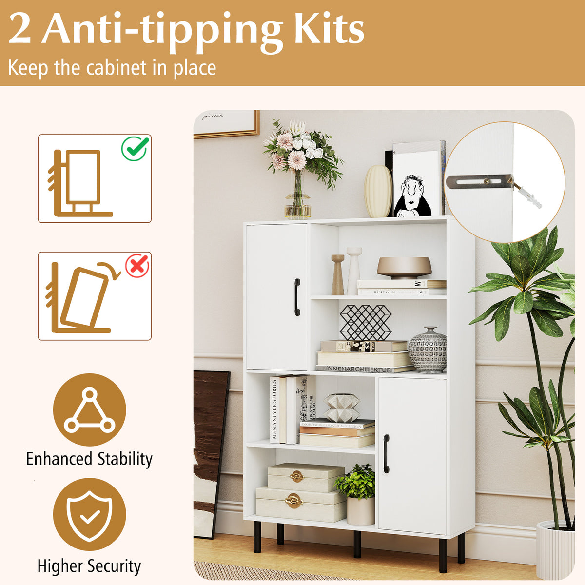 Storage Cabinet Freestanding Bookcase with 2 Doors and 4 Open Shelves