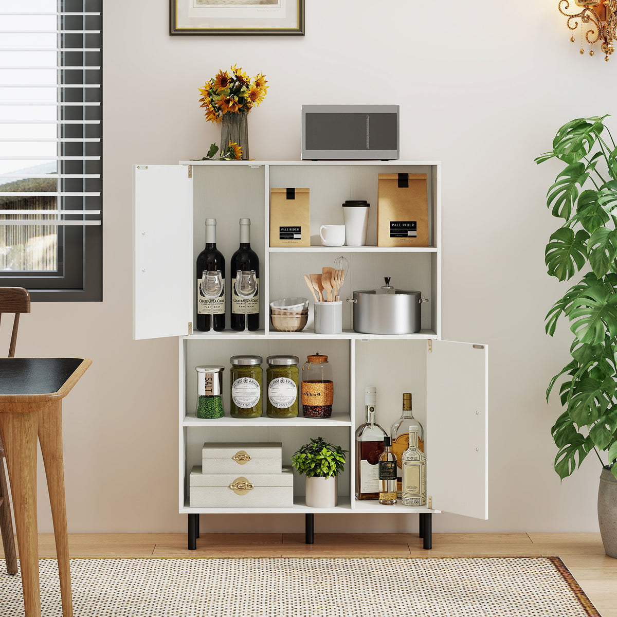 Storage Cabinet Freestanding Bookcase with 2 Doors and 4 Open Shelves