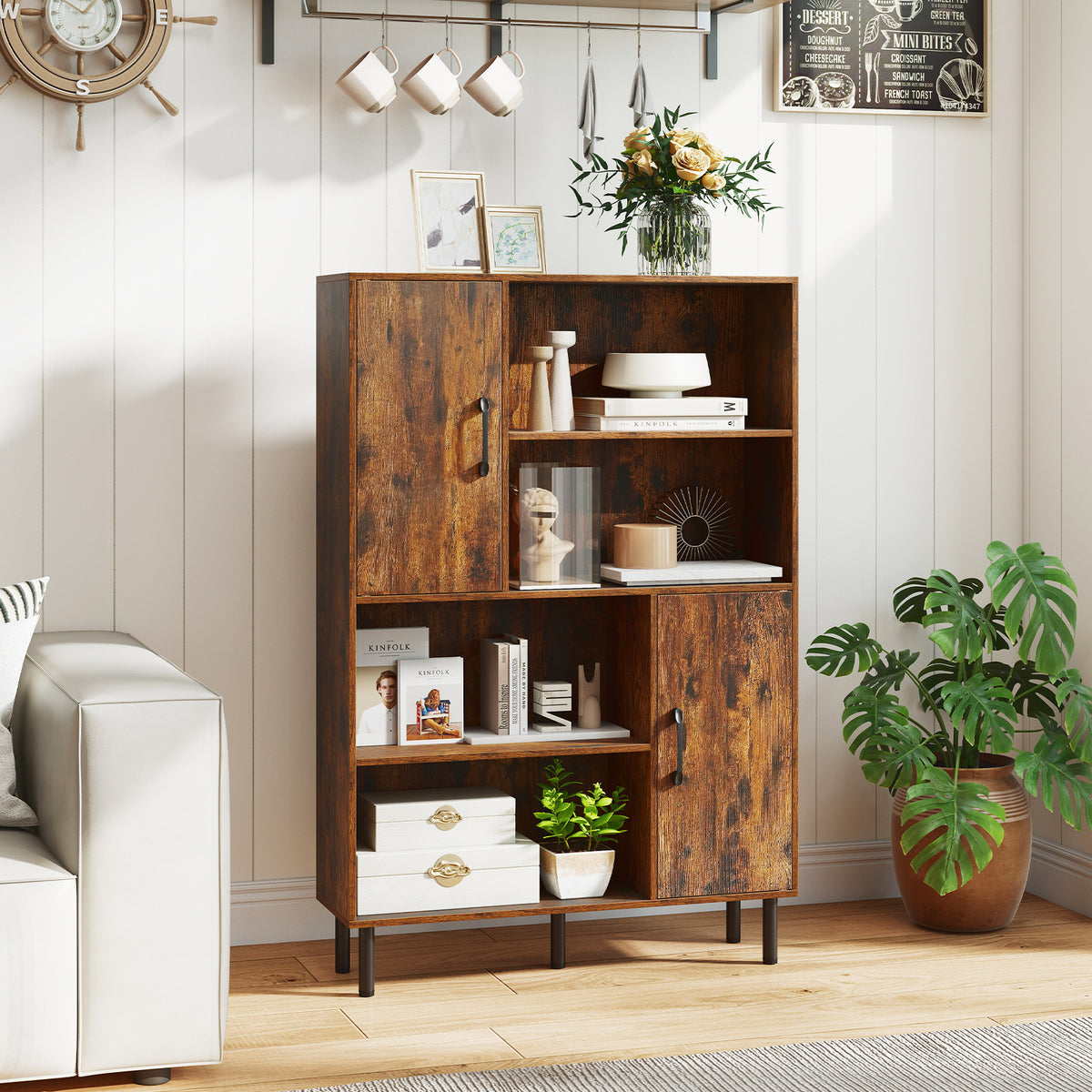 Storage Cabinet Freestanding Bookcase with 2 Doors and 4 Open Shelves
