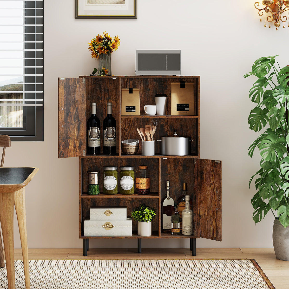 Storage Cabinet Freestanding Bookcase with 2 Doors and 4 Open Shelves