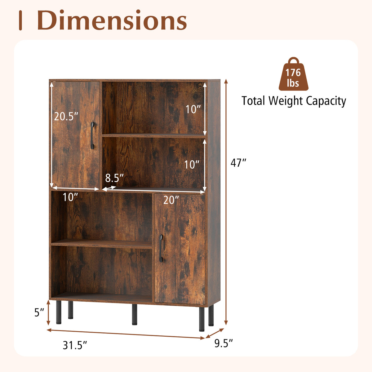Storage Cabinet Freestanding Bookcase with 2 Doors and 4 Open Shelves