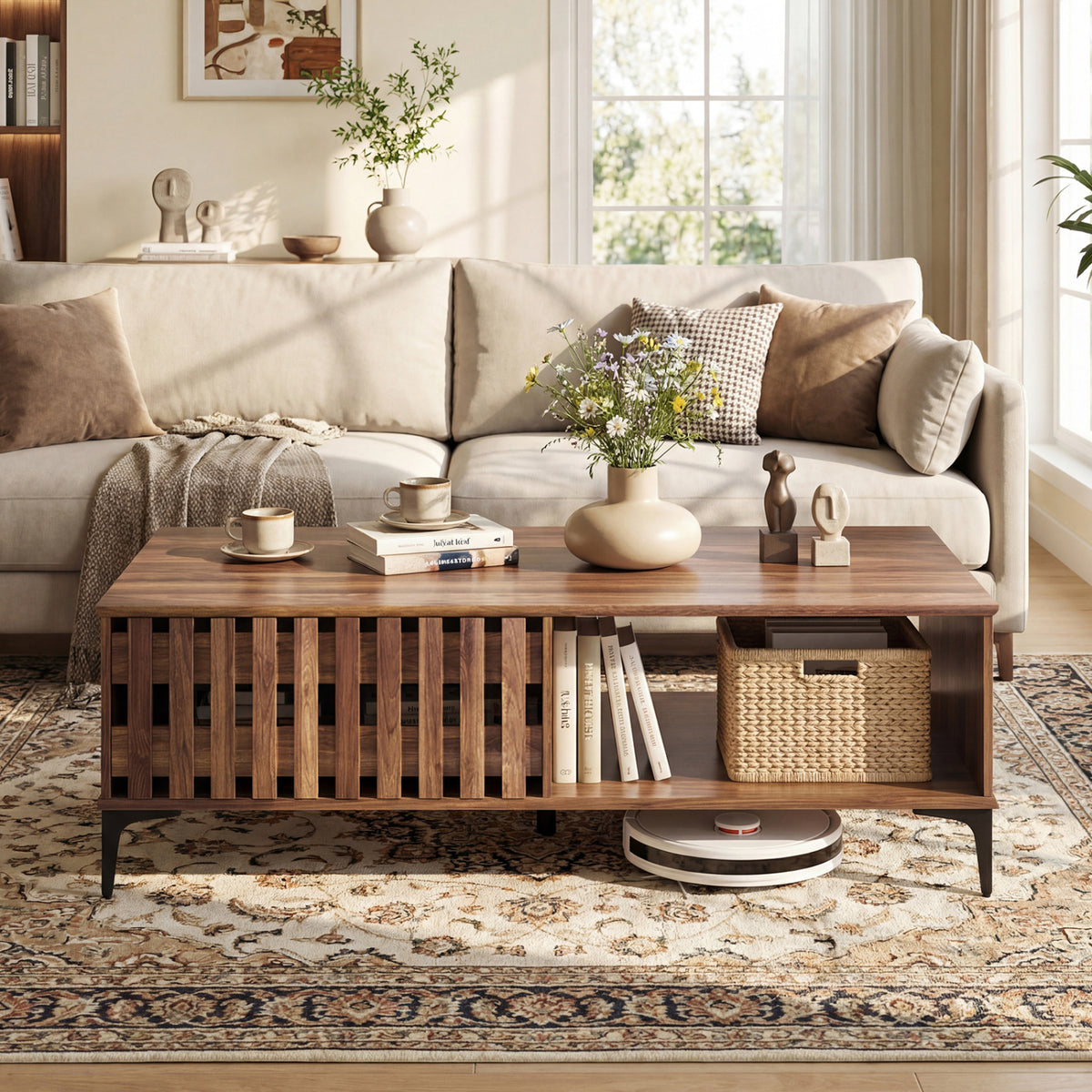 47 Inches Mid Century Coffee Table Farmhouse Wooden Center Table-Walnut