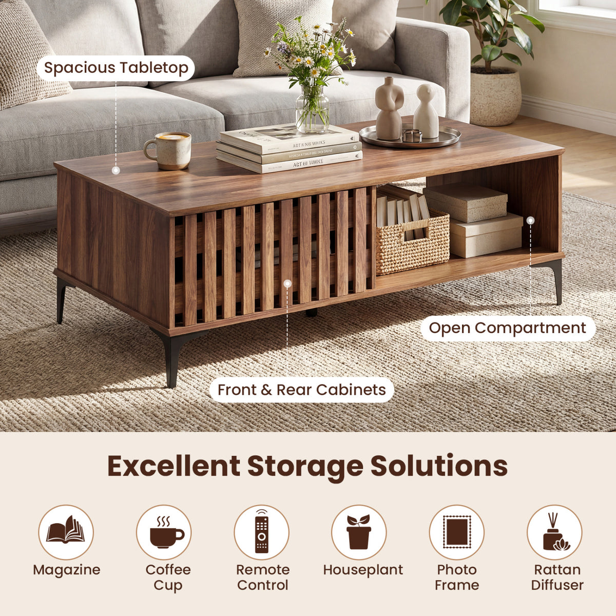 47 Inches Mid Century Coffee Table Farmhouse Wooden Center Table-Walnut