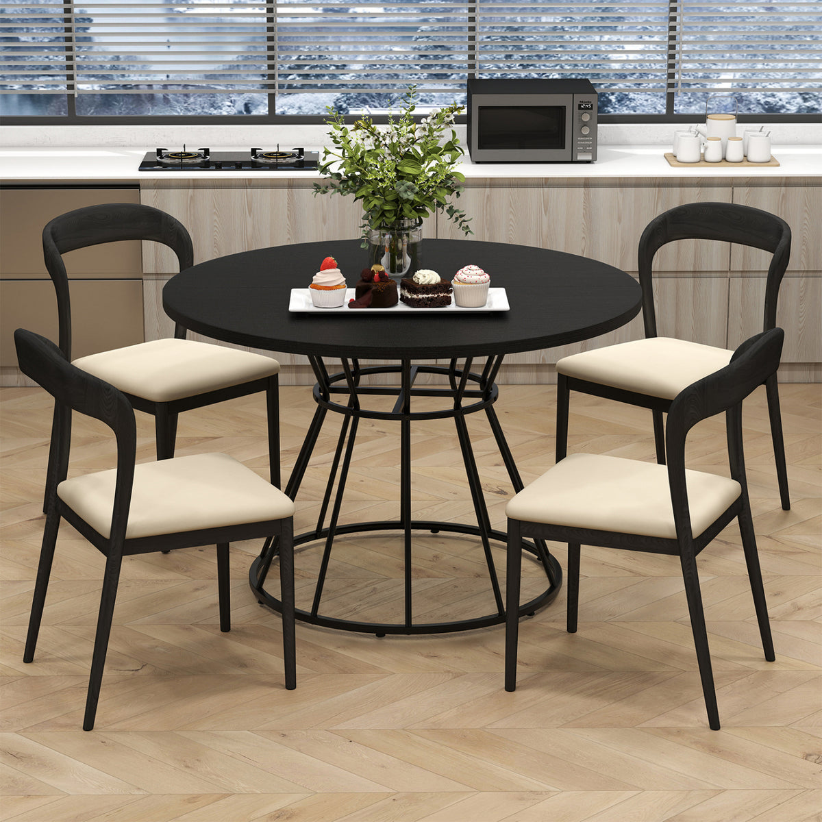 Round Dining Table for 4 Farmhouse Kitchen Table with Wooden Tabletop
