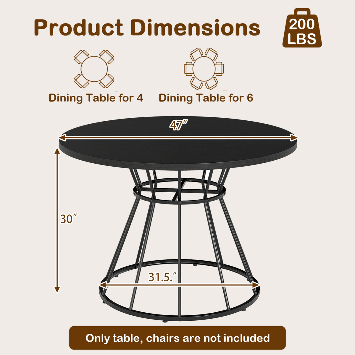 Round Dining Table for 4 Farmhouse Kitchen Table with Wooden Tabletop