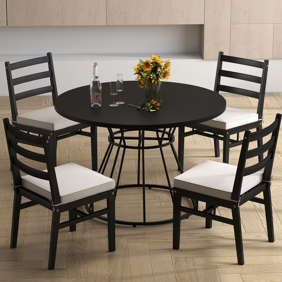 Round Dining Table for 4 Farmhouse Kitchen Table with Wooden Tabletop