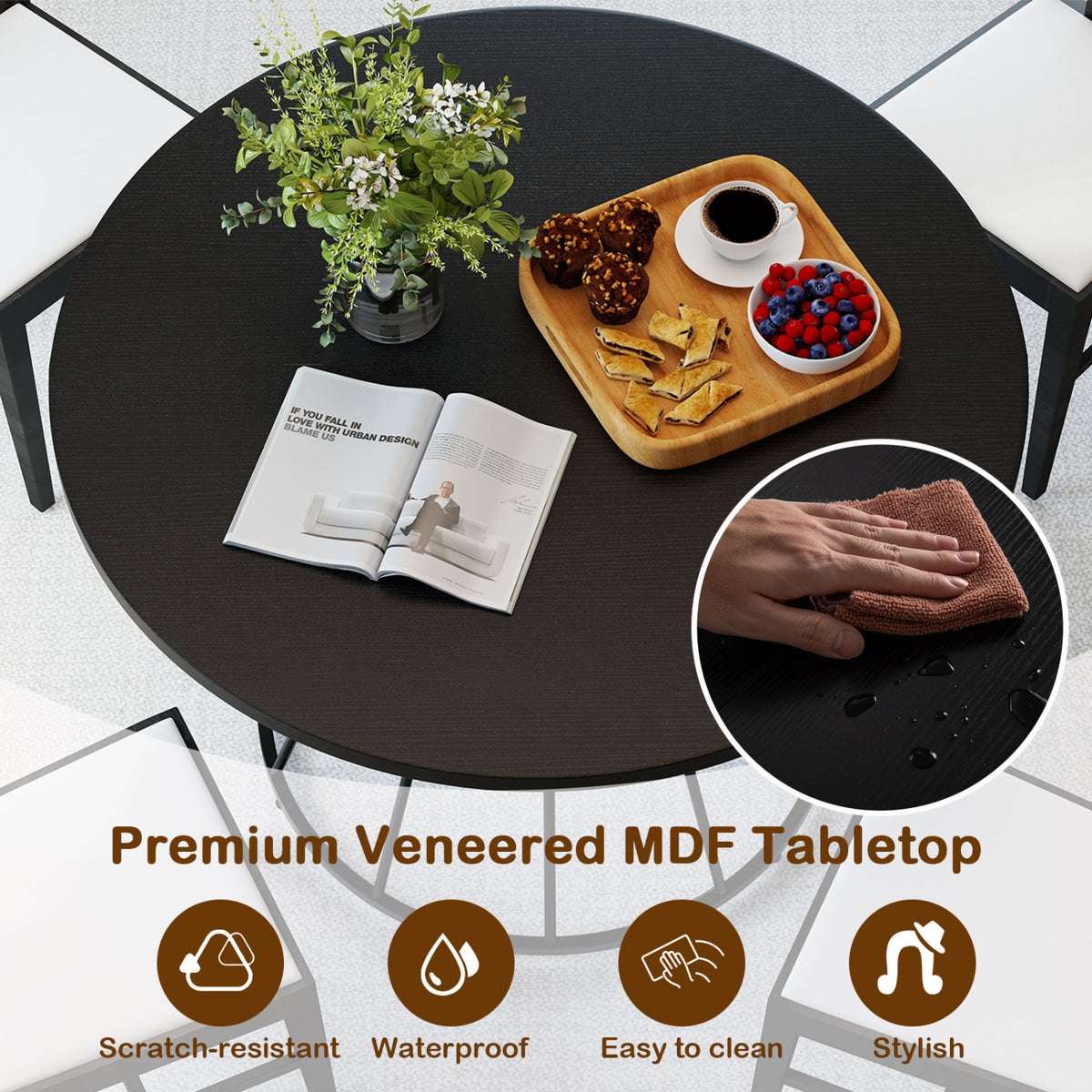 Round Dining Table for 4 Farmhouse Kitchen Table with Wooden Tabletop