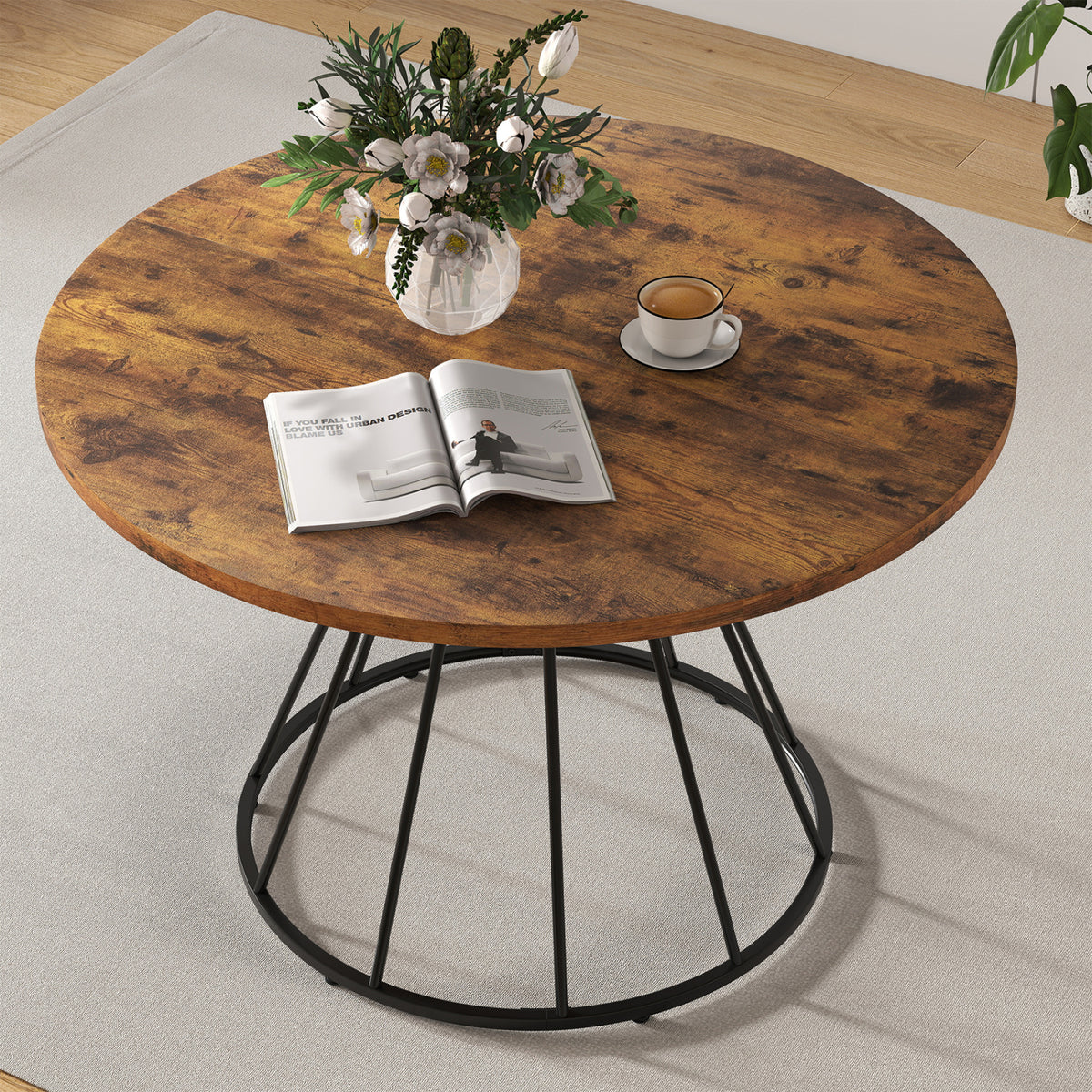 Round Dining Table for 4 Farmhouse Kitchen Table with Wooden Tabletop