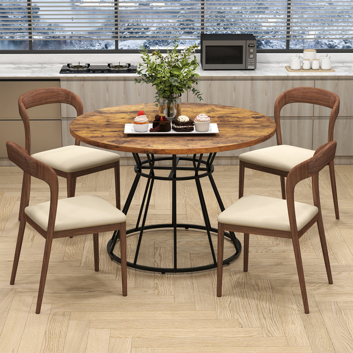 Round Dining Table for 4 Farmhouse Kitchen Table with Wooden Tabletop