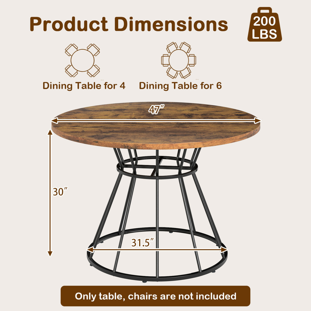 Round Dining Table for 4 Farmhouse Kitchen Table with Wooden Tabletop