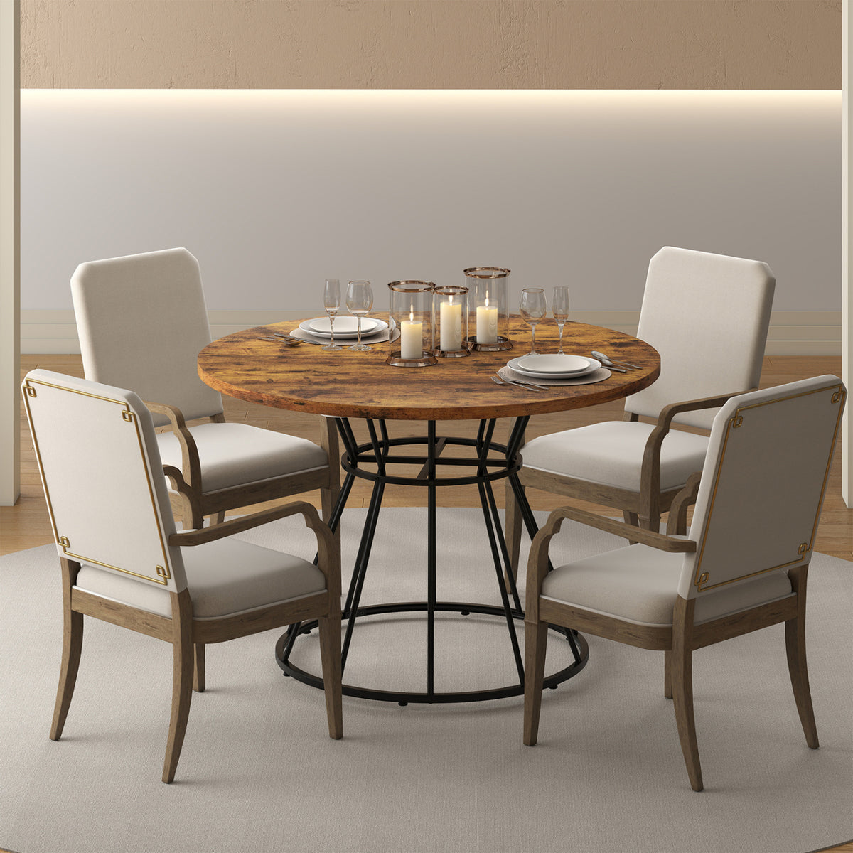 Round Dining Table for 4 Farmhouse Kitchen Table with Wooden Tabletop