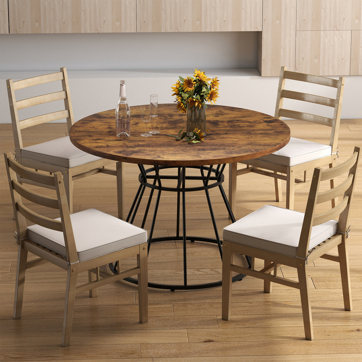 Round Dining Table for 4 Farmhouse Kitchen Table with Wooden Tabletop