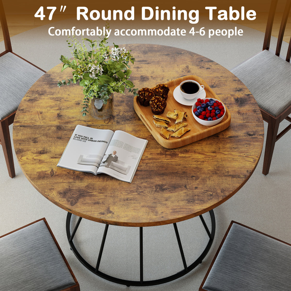 Round Dining Table for 4 Farmhouse Kitchen Table with Wooden Tabletop