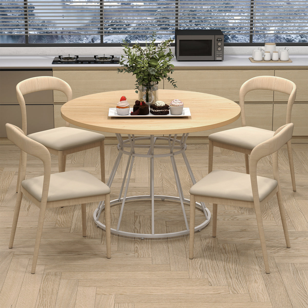 Round Dining Table for 4 Farmhouse Kitchen Table with Wooden Tabletop