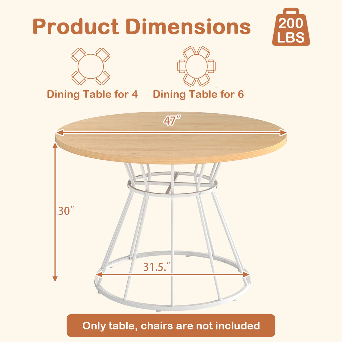 Round Dining Table for 4 Farmhouse Kitchen Table with Wooden Tabletop
