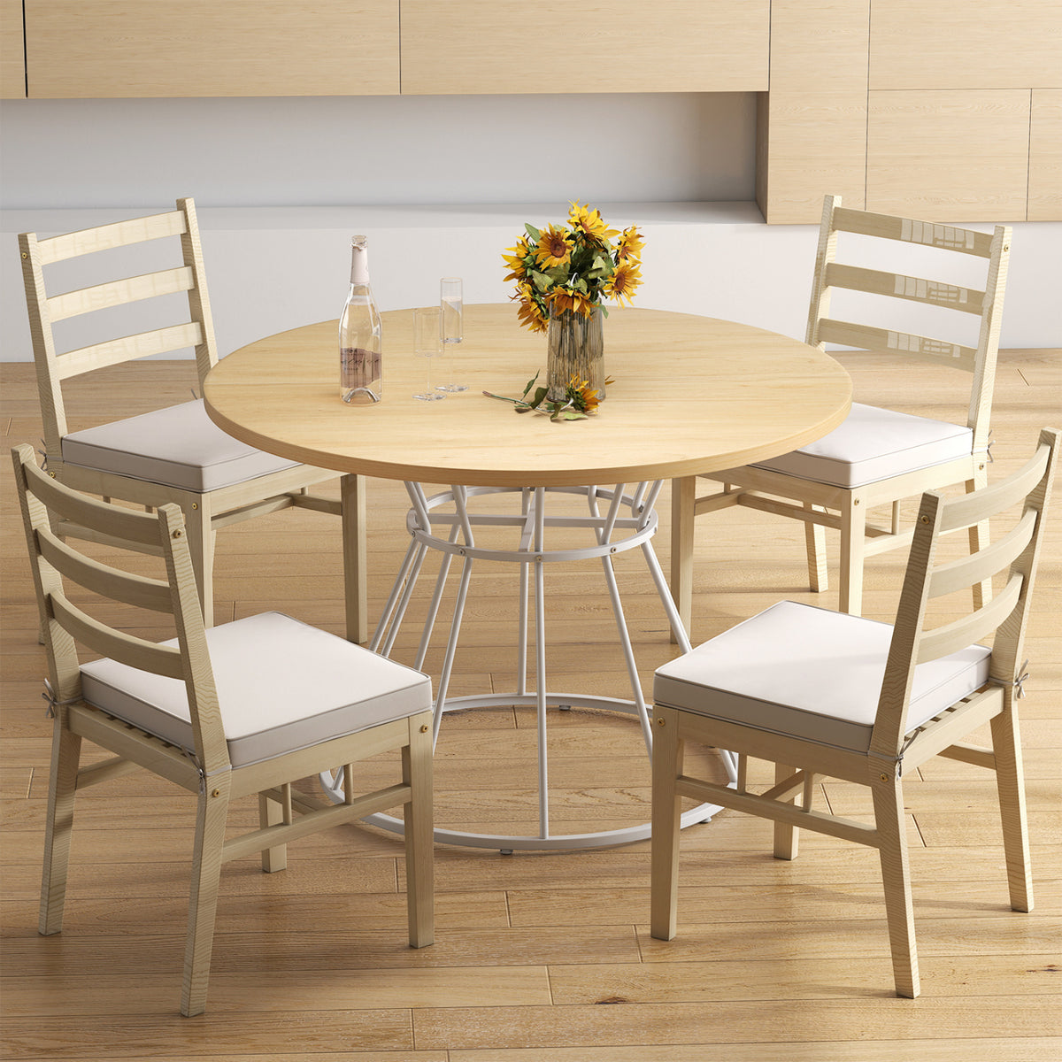 Round Dining Table for 4 Farmhouse Kitchen Table with Wooden Tabletop