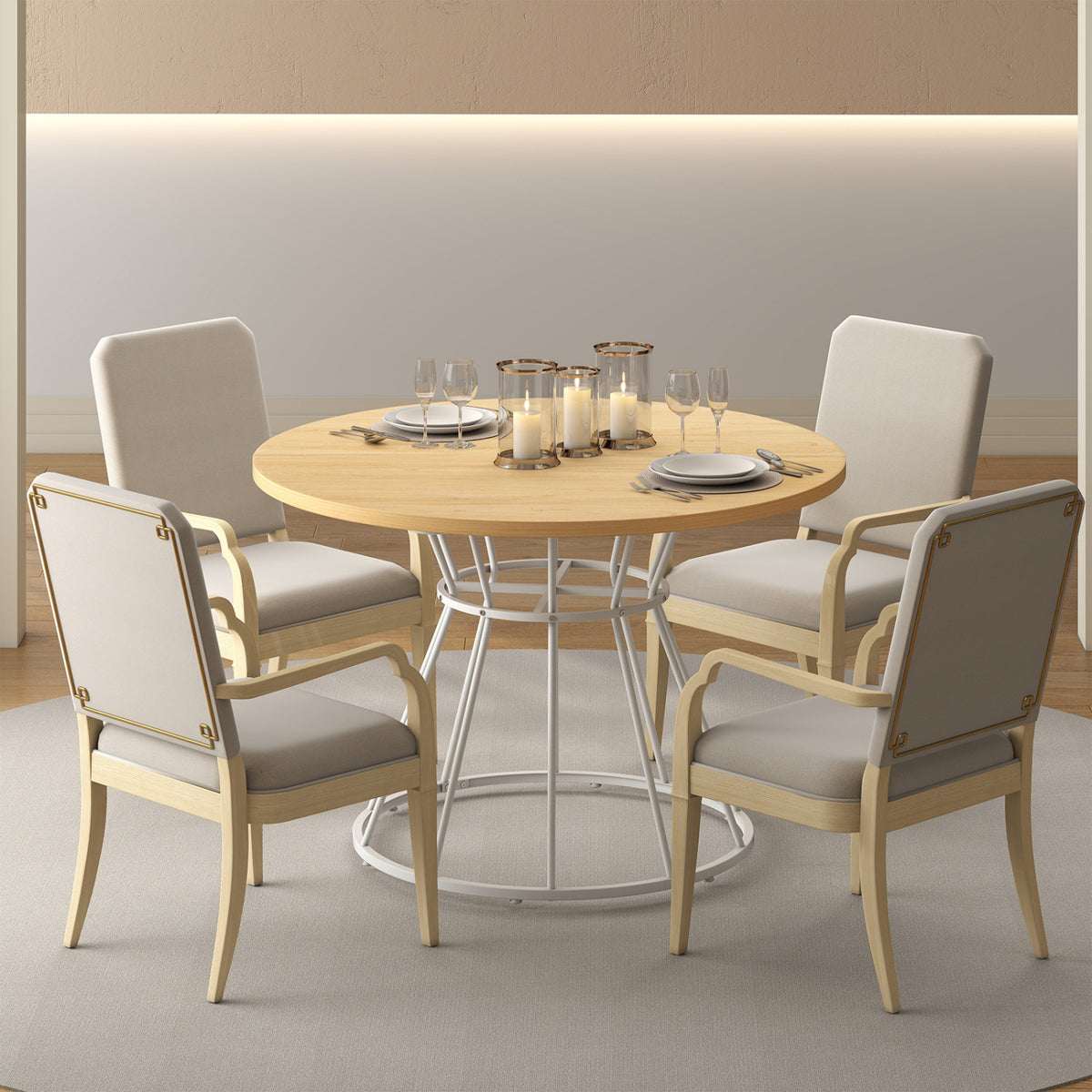 Round Dining Table for 4 Farmhouse Kitchen Table with Wooden Tabletop