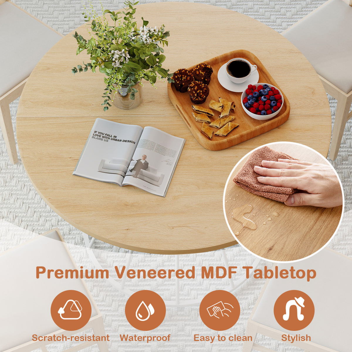 Round Dining Table for 4 Farmhouse Kitchen Table with Wooden Tabletop
