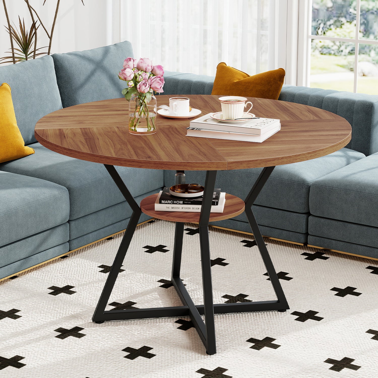 47" Round Dining Table for 4 with Storage Shelf-Brown