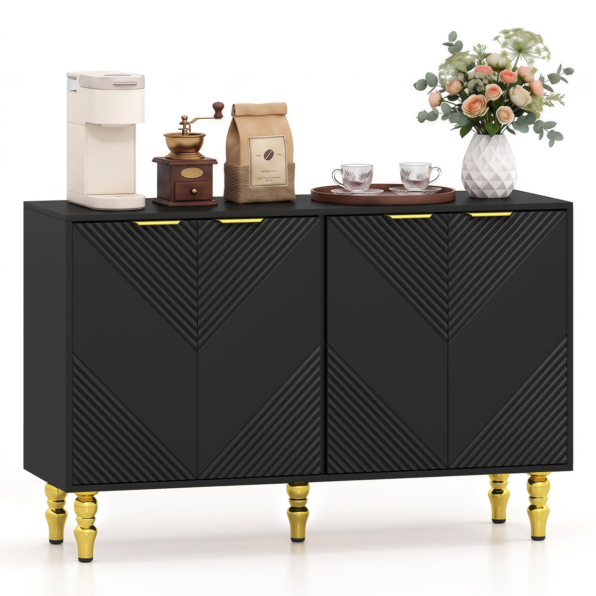 47" Sideboard Buffet Cabinet with 4 Chevron Fluted Doors & Anti-Toppling Devices for Kitchen