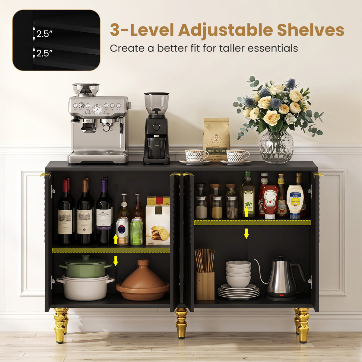 47" Sideboard Buffet Cabinet with 4 Chevron Fluted Doors & Anti-Toppling Devices for Kitchen