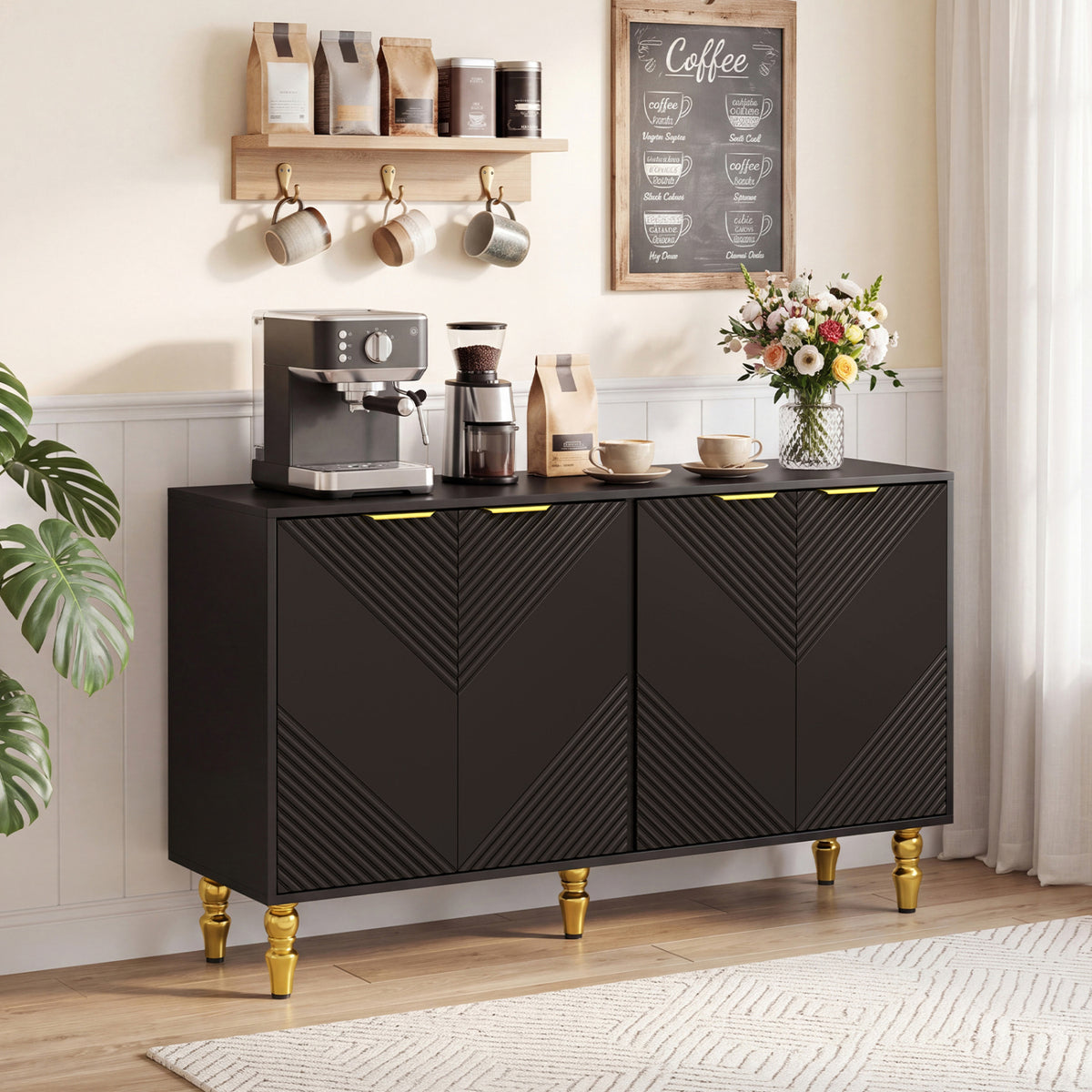 47" Sideboard Buffet Cabinet with 4 Chevron Fluted Doors & Anti-Toppling Devices for Kitchen