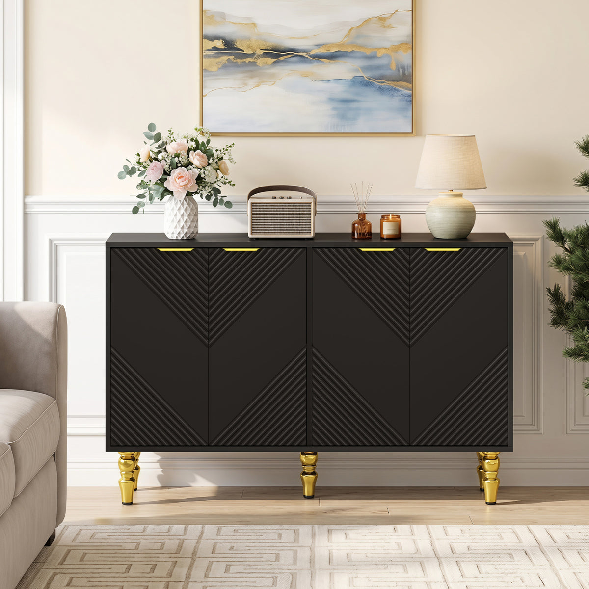 47" Sideboard Buffet Cabinet with 4 Chevron Fluted Doors & Anti-Toppling Devices for Kitchen
