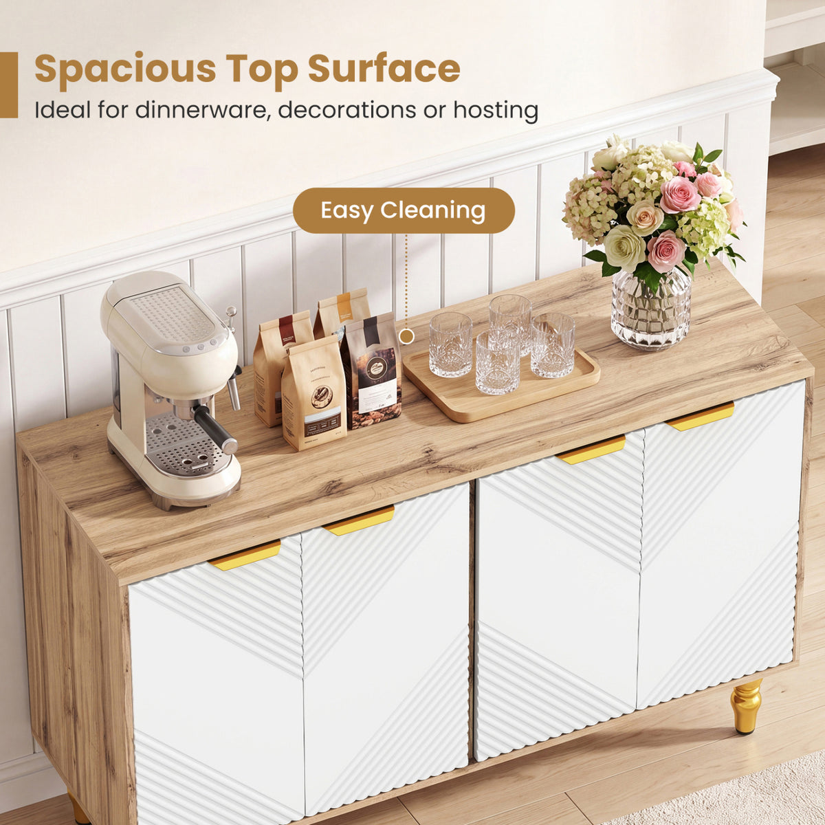 47" Sideboard Buffet Cabinet with 4 Chevron Fluted Doors & Anti-Toppling Devices for Kitchen
