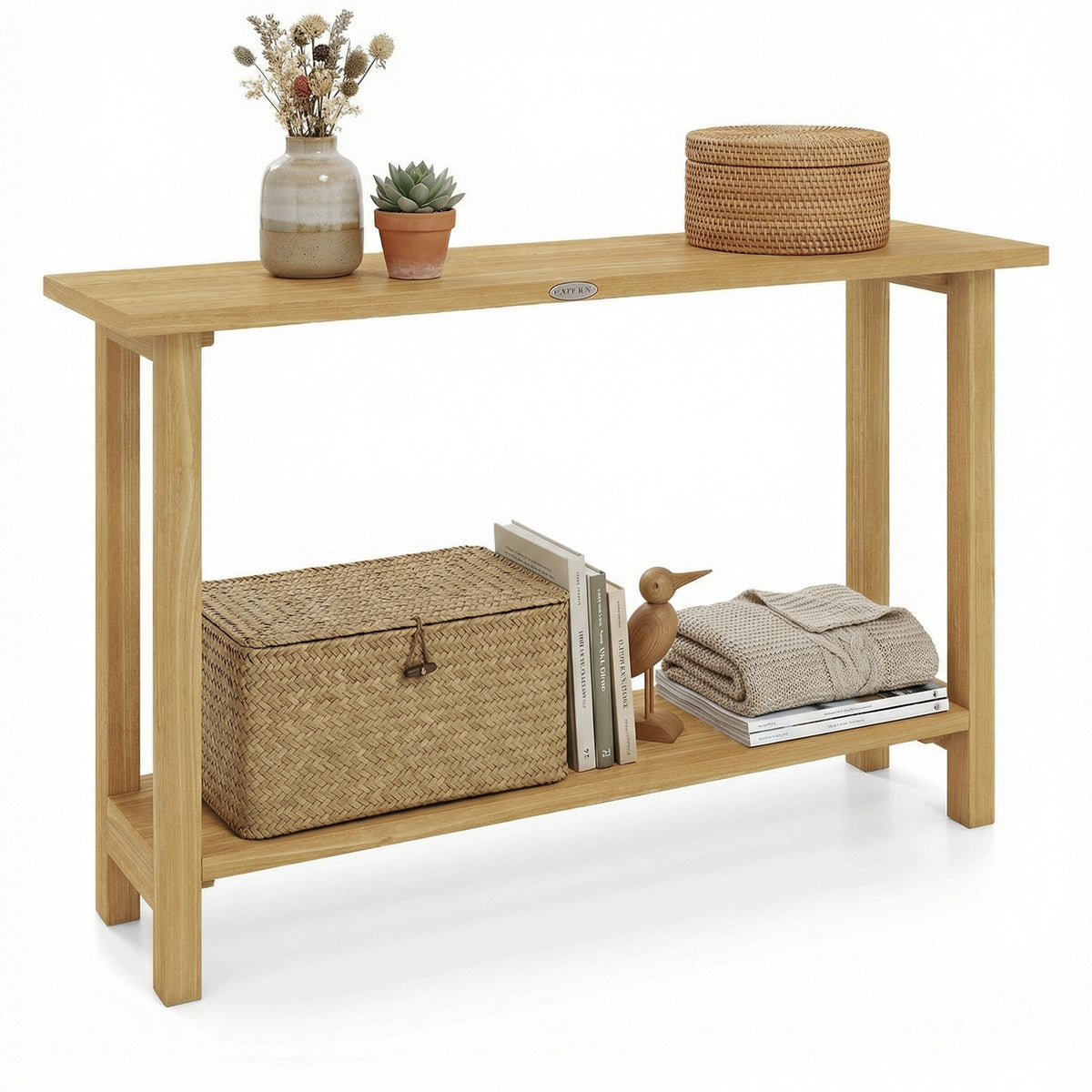 47 Inch Solid Wood Console Table with Teak Wood Frame and Storage Shelf