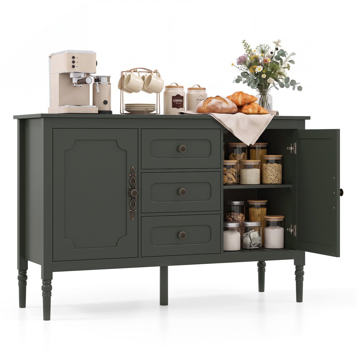 47" Vintage Buffet Cabinet with 3 Drawers 2 Cabinets and Adjustable Shelves for Dining Room