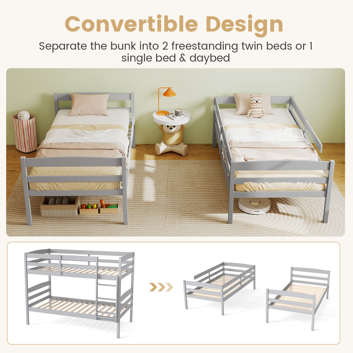 Solid Wood Twin Over Twin Bunk Bed Frame with High Guardrails and Integrated Ladder