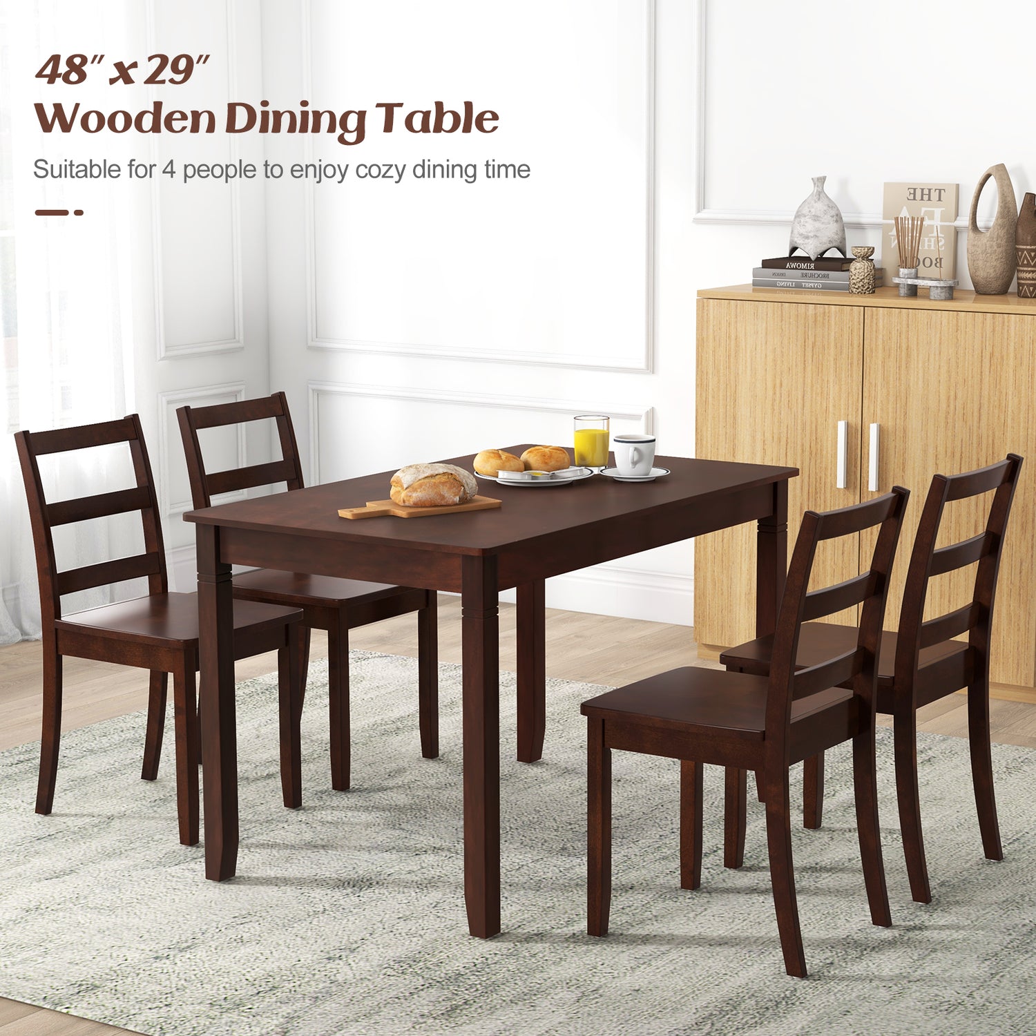 48-Inch Wooden Dining Table for 4 People Rectangular Kitchen Table with Rubber Wood Legs