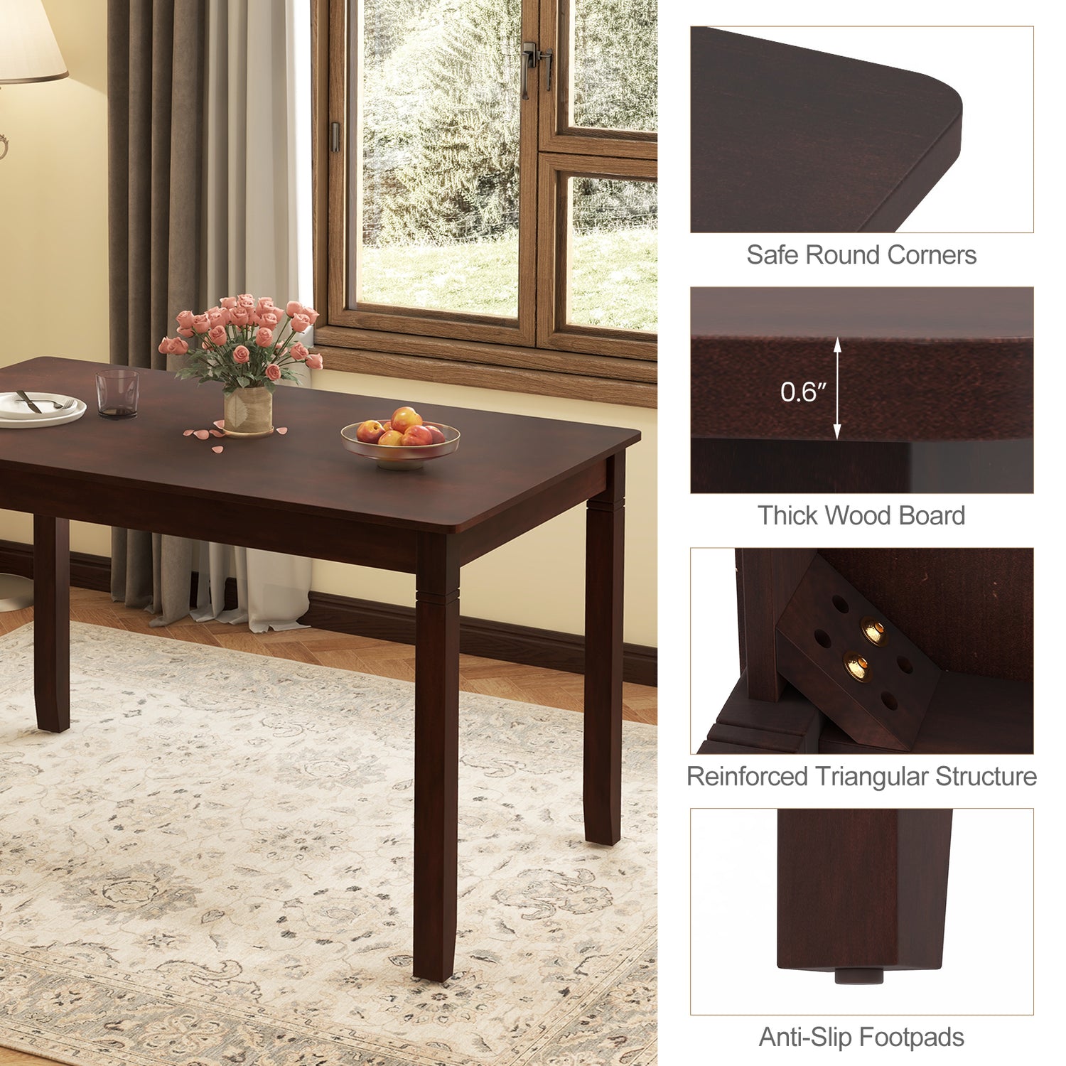 48-Inch Wooden Dining Table for 4 People Rectangular Kitchen Table with Rubber Wood Legs