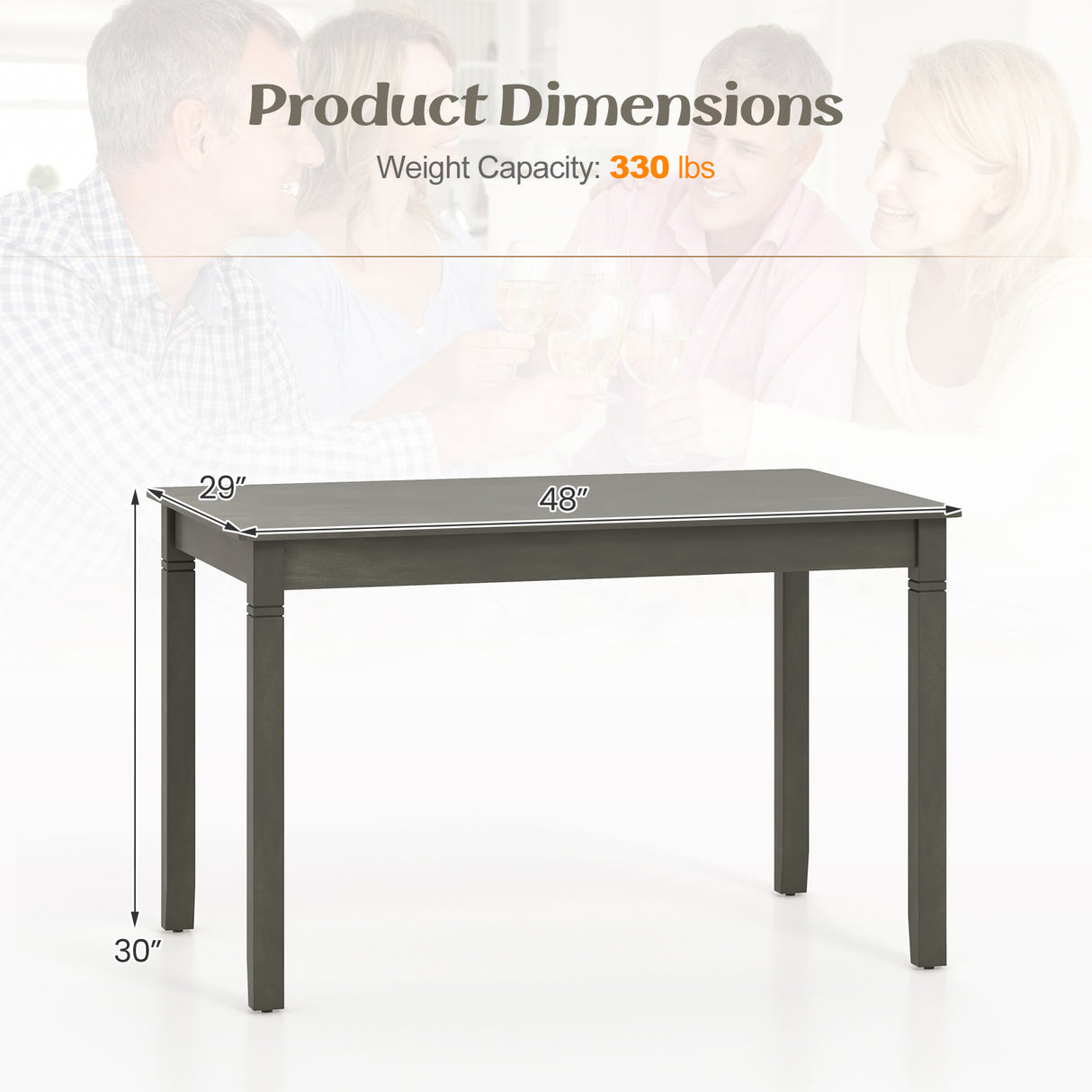 48-Inch Wooden Dining Table for 4 People Rectangular Kitchen Table with Rubber Wood Legs
