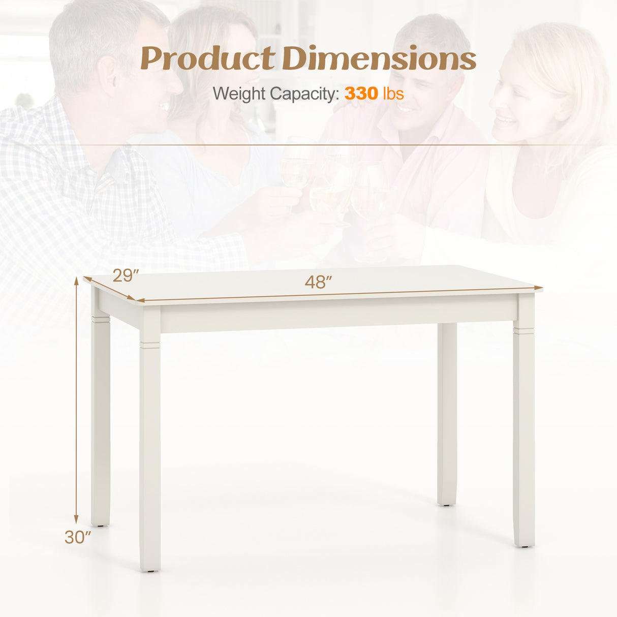 48-Inch Wooden Dining Table for 4 People Rectangular Kitchen Table with Rubber Wood Legs