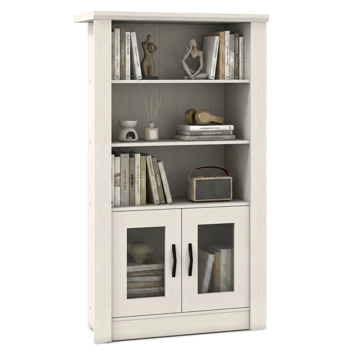 48.5" Modern Bookcase 4-Tier with 2 Translucent Fluted Doors and Anti-Tipping Kits-White