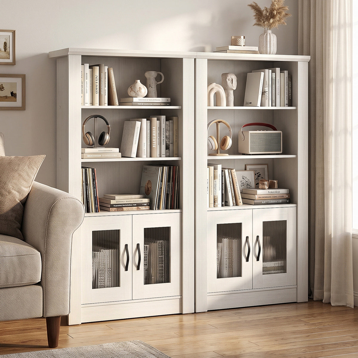 48.5" Modern Bookcase 4-Tier with 2 Translucent Fluted Doors and Anti-Tipping Kits-White