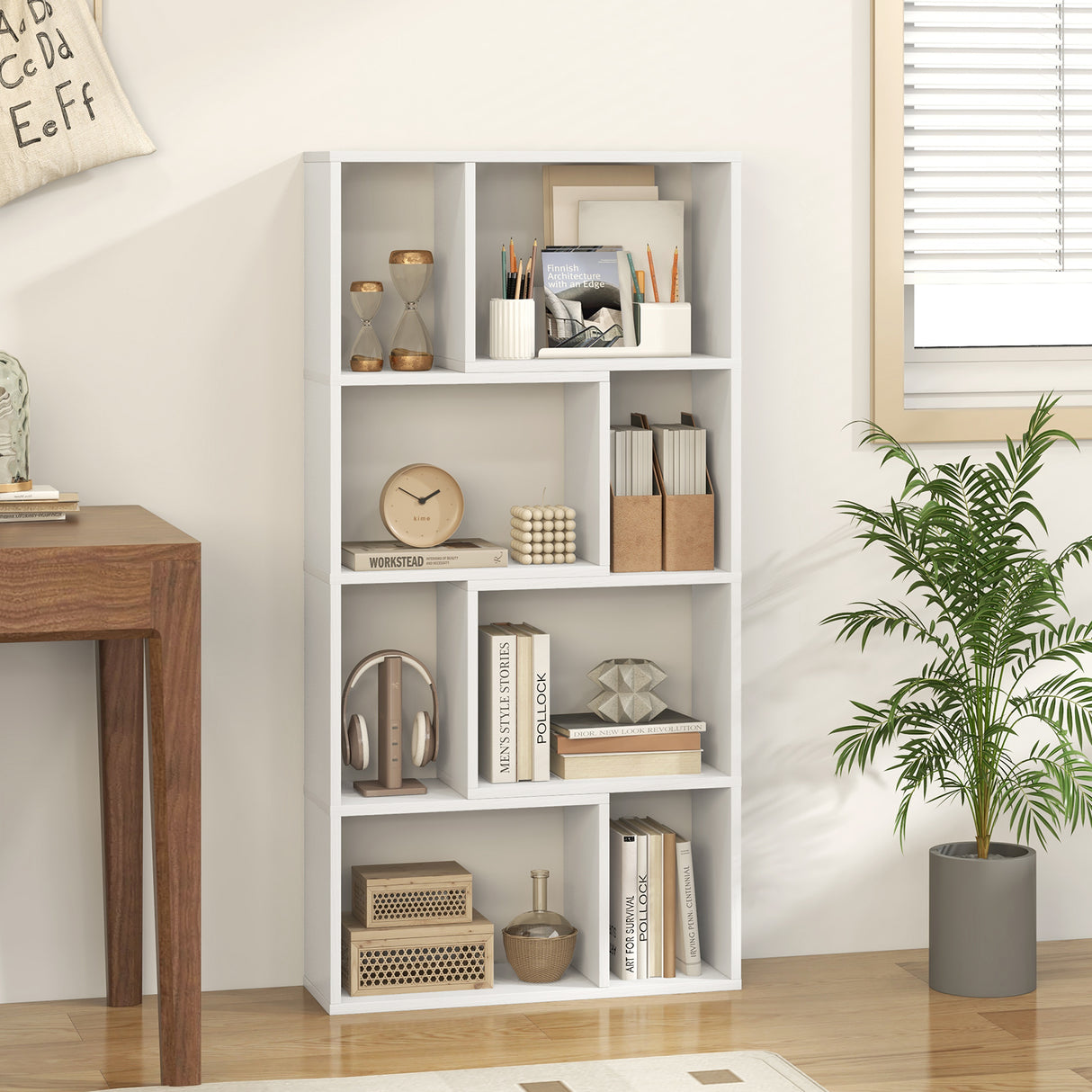 48 Inch 4-Tier Geometric Bookshelf with 8 Cubes for Living Room Bedroom
