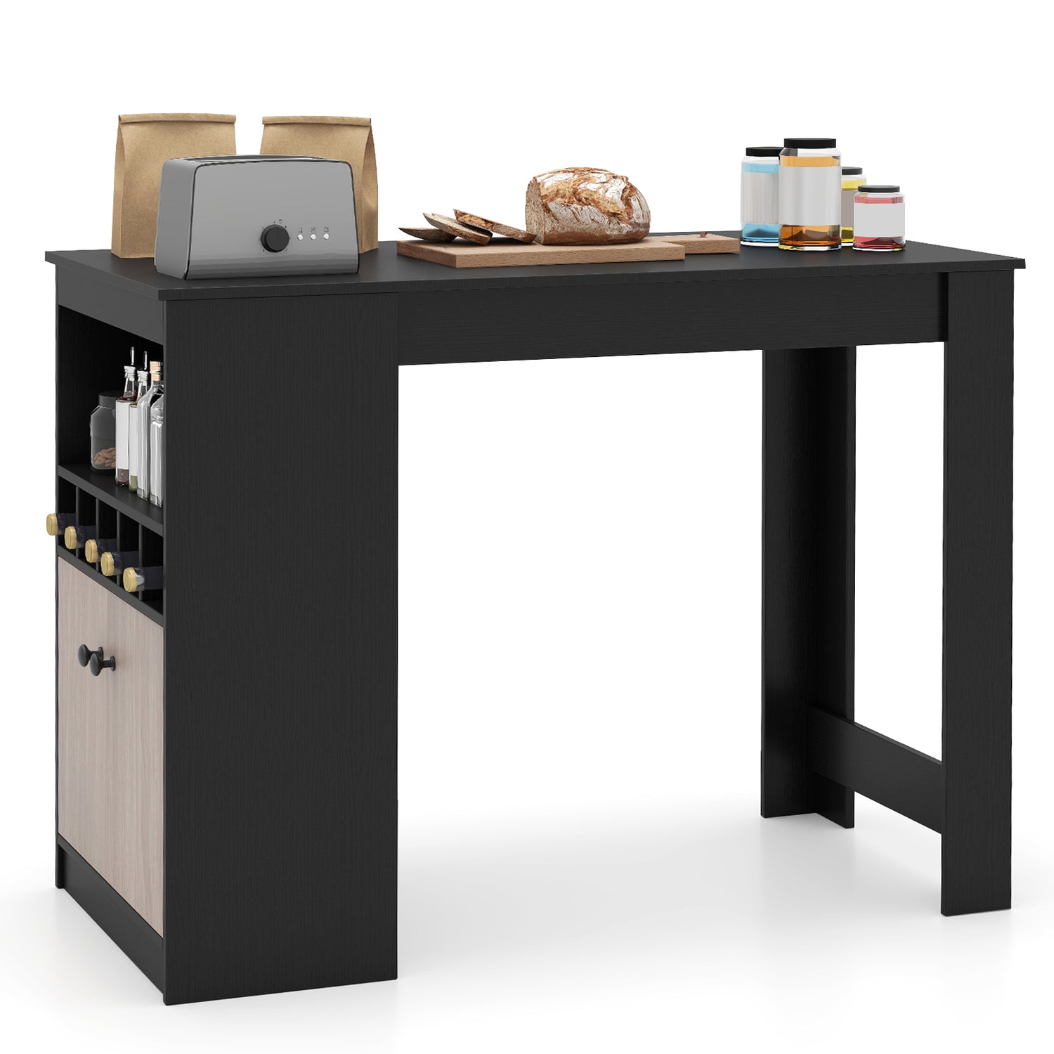 48 Inch Bar Table with Storage Cabinet and Wine Rack-Black
